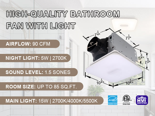 Bathroom fan with light and specifications on a white background