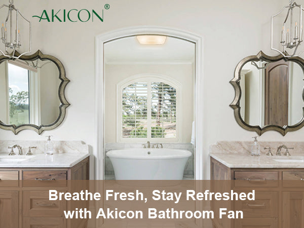 Bathroom with double vanity, bathtub, and decorative mirrors with Akicon branding.