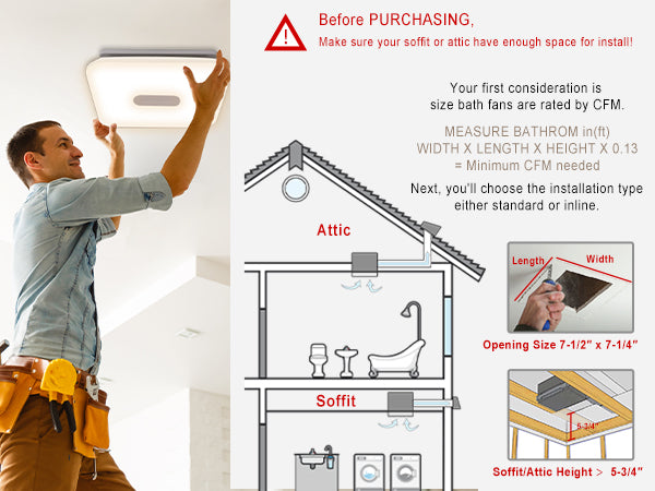 Person installing a bathroom fan with installation guidelines on the right.