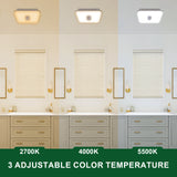 Bathroom vanity with three light sources showing different color temperatures.