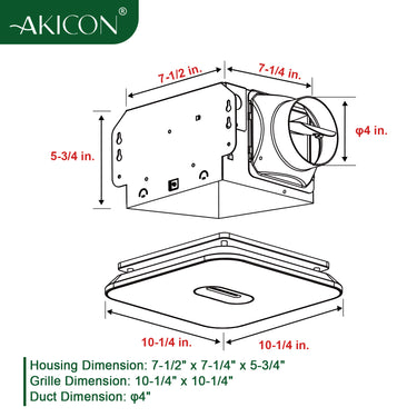 Technical drawing of a vent with dimensions labeled, featuring the brand 'Akicon'.