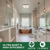 Modern bathroom with a bathtub, vanity, and mirrors, featuring text about ultra-quiet and high-efficiency products.