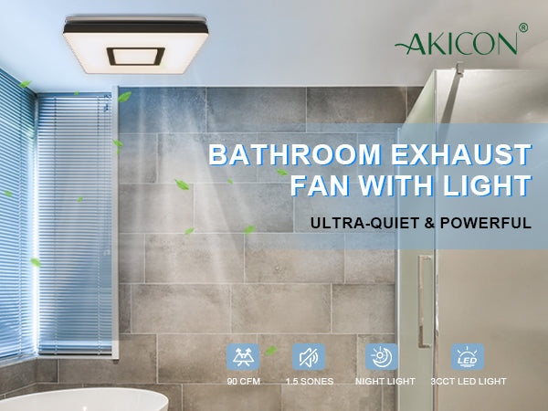 Bathroom exhaust fan with light featuring Akicon branding and product features.