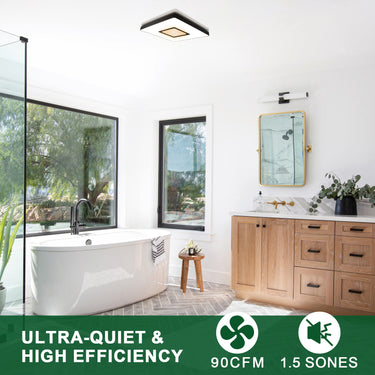 Modern bathroom with a bathtub, vanity, and large windows, featuring text about ultra-quiet and high-efficiency air conditioning.