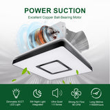 Ceiling fan with motor details and feature icons on a green background