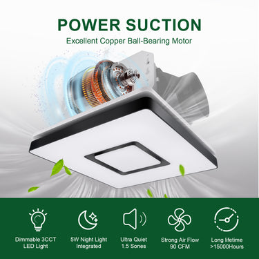 Ceiling fan with motor details and feature icons on a green background