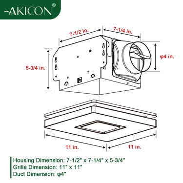 Technical drawing of an air conditioning unit with dimensions labeled, featuring the brand 'Akicon'.