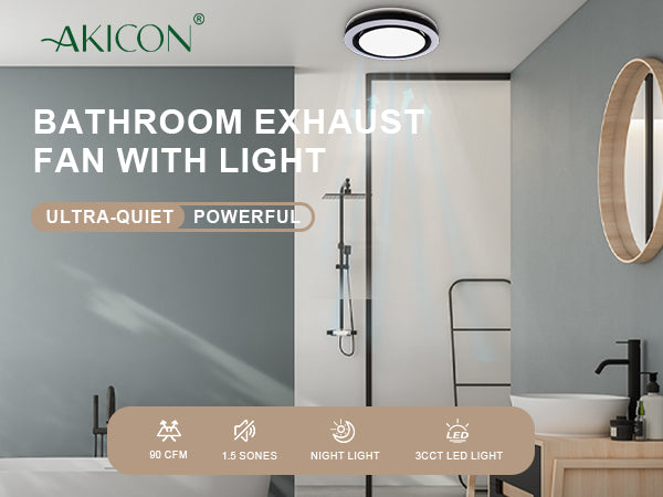 Bathroom with a shower and sink, featuring an Akicon bathroom exhaust fan with light.