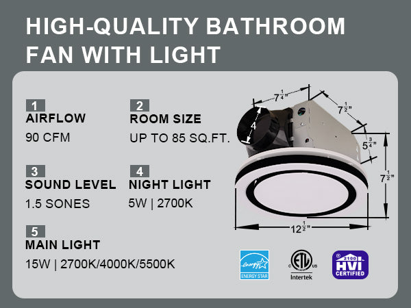 High-quality bathroom fan with light specifications on a gray background
