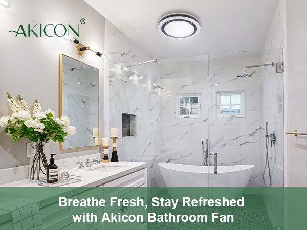 Bathroom with Akicon bathroom fan, sink, and bathtub.