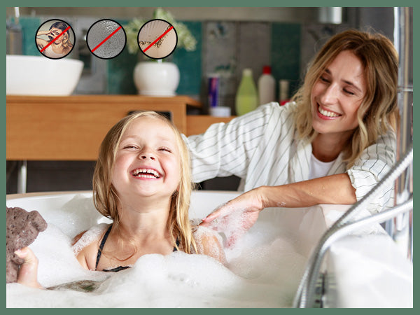 Woman and child in a bubble bath with a bathroom setting