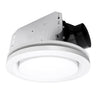 Ceiling-mounted exhaust fan with white housing and black duct on a white background