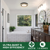 Bathroom with bathtub, vanity, and window, featuring text about ultra-quiet and high-efficiency fans.