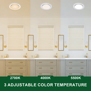 Bathroom vanity with three adjustable color temperature settings on the ceiling lights.
