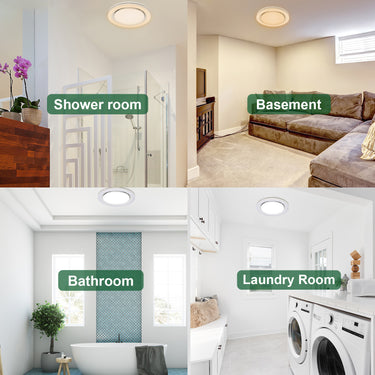 Collage of different rooms labeled as 'Shower room', 'Basement', 'Bathroom', and 'Laundry Room'.