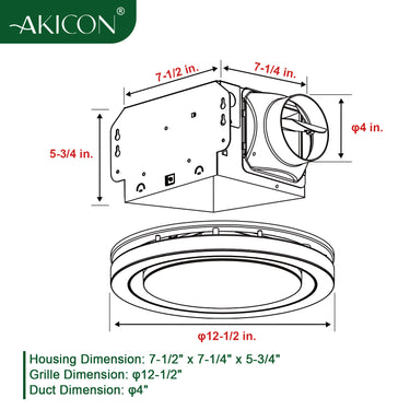 Technical drawing of a ceiling exhaust fan with dimensions labeled, featuring the brand 'Akicon'.