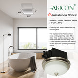 Bathroom with a freestanding bathtub, ceiling fan, and installation notice for Akicon products.