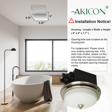 Bathroom with a freestanding bathtub, ceiling fan, and installation notice for Akicon products.