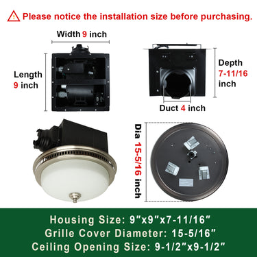 Ceiling fan dimensions and installation size information on a white background