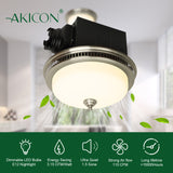 Ceiling fan with light fixture and AKICON branding, featuring energy-saving and air flow specifications.