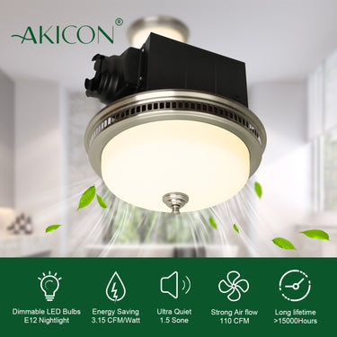 Ceiling fan with light fixture and AKICON branding, featuring energy-saving and air flow specifications.