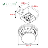 Technical drawing of a ceiling light fixture with dimensions labeled, featuring the brand 'Akicon'.