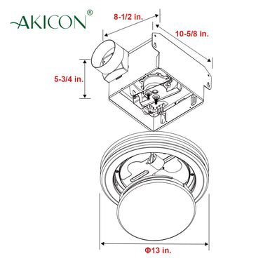 Technical drawing of a ceiling light fixture with dimensions labeled, featuring the brand 'Akicon'.
