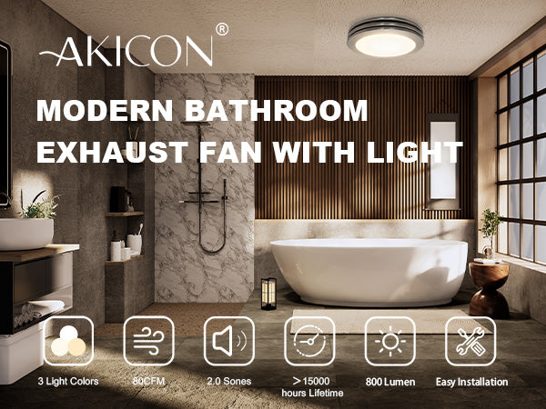 Modern bathroom with a bathtub and shower, featuring an Akicon exhaust fan with light advertisement.