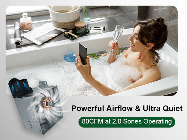 Woman in a bathtub with bubbles, holding a smartphone, with a product labeled 'Powerful Airflow & Ultra Quiet' displayed below.