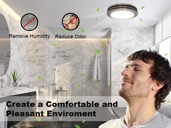 Bathroom with a light fixture labeled for removing humidity and reducing odor, with a man relaxing.