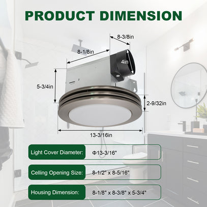 Ceiling light fixture with dimensions labeled on a bathroom background