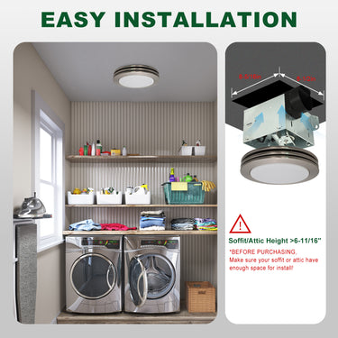 Laundry room with washing machines and shelves, featuring a ceiling light fixture with installation instructions.