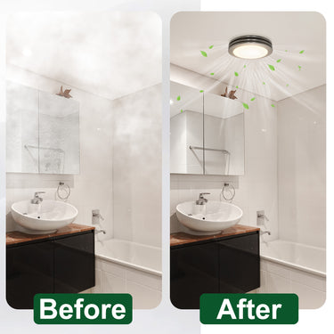 Bathroom transformation before and after with a new light fixture.