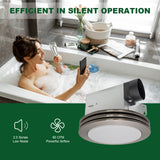 Woman in a bubble bath with a smartphone, next to a ceiling vent labeled 'Efficient in Silent Operation'.