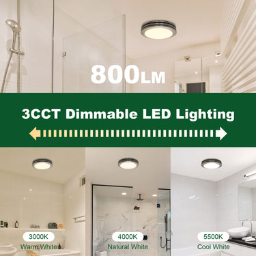 Bathroom interior with 3CCT Dimmable LED Lighting highlighting color temperature options.