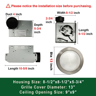 Measurement chart for a ceiling light fixture with dimensions labeled.