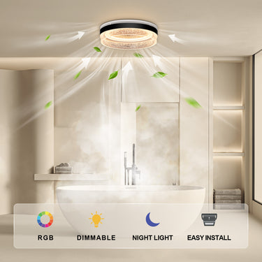 Ceiling light fixture in a bathroom with RGB, dimmable, night light, and easy install features.