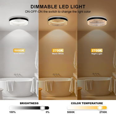 Bathroom scene with dimmable LED light showing different color temperatures and brightness levels.