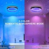 Bathroom with blue and purple lighting modes on the ceiling, labeled '2-Color Romantic Atmosphere Mode'.