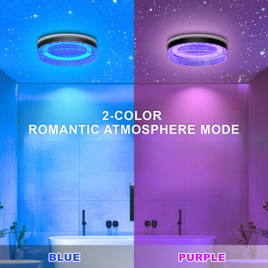 Bathroom with blue and purple lighting modes on the ceiling, labeled '2-Color Romantic Atmosphere Mode'.