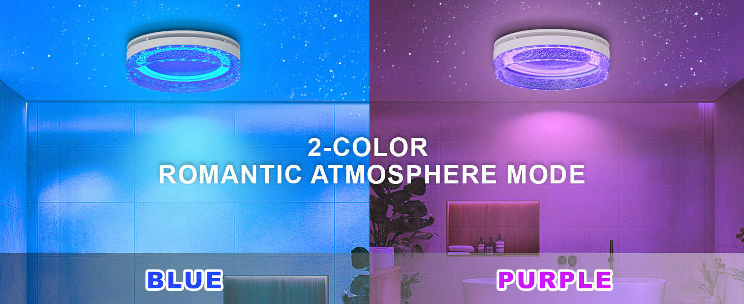 Ceiling light fixture with blue and purple lighting modes in a room setting.