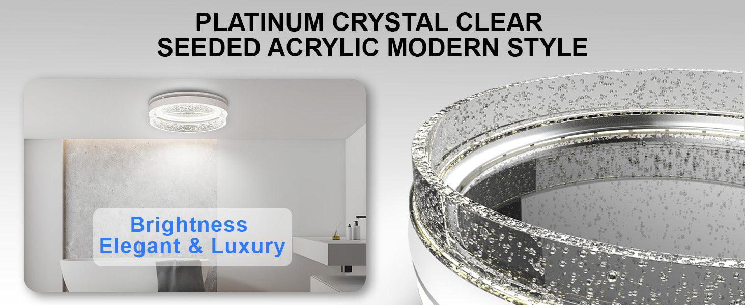 Modern-style ceiling light fixture with platinum crystal clear seeded acrylic design, labeled 'Brightness Elegant & Luxury'.