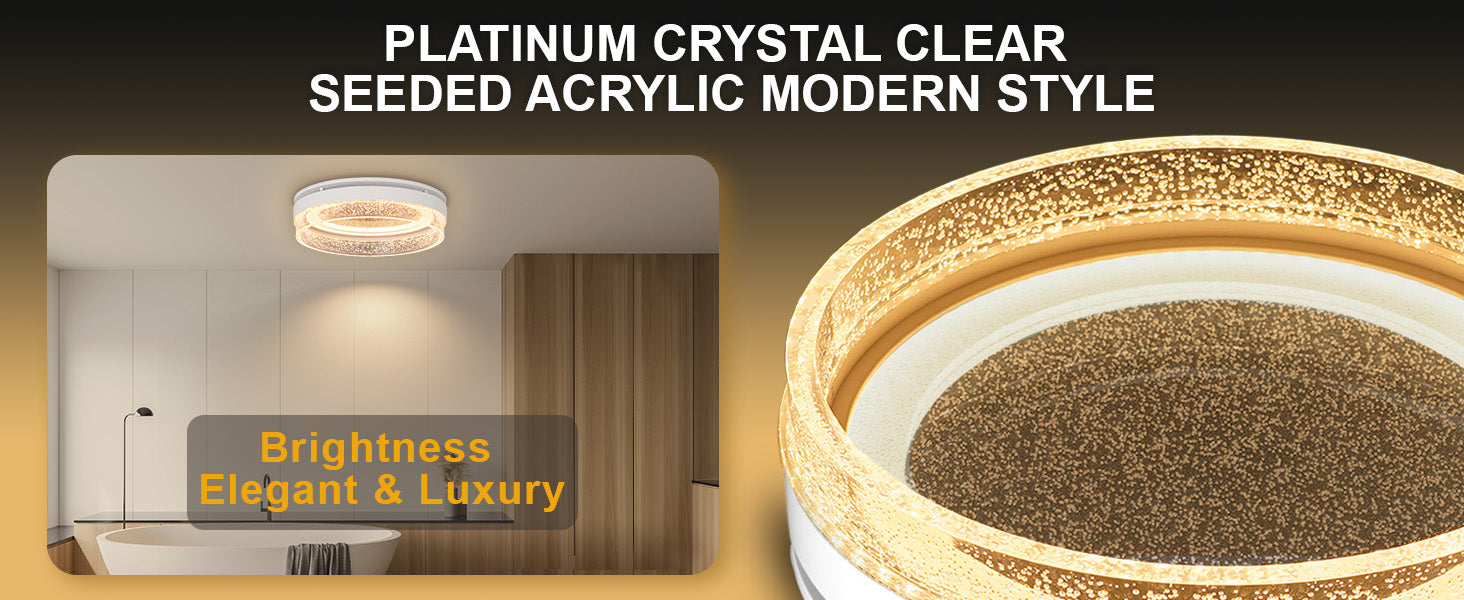 Modern-style acrylic with seeded pattern, shown in a bathroom setting, labeled 'Platinum Crystal Clear'.