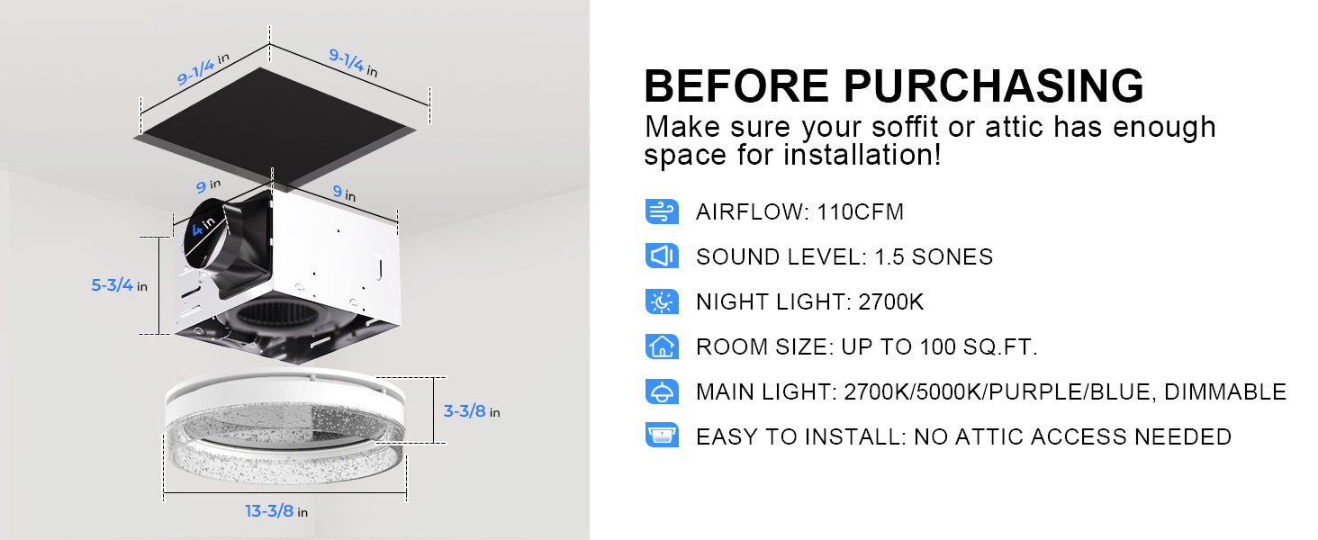 Ceiling fan installation guide with specifications and space requirements.