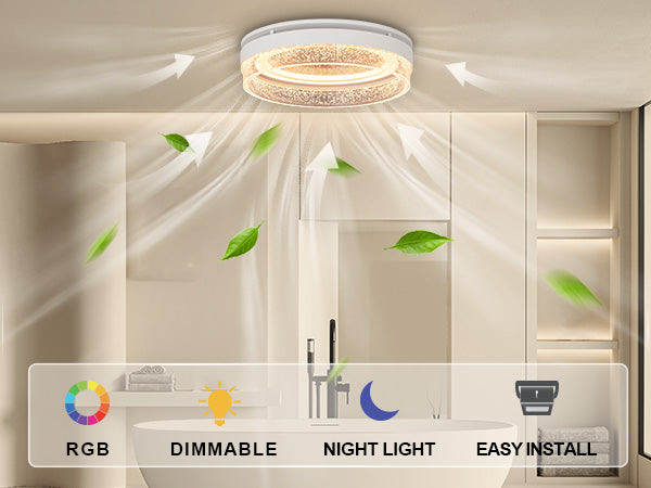 Ceiling light fixture with RGB, dimmable, night light, and easy install features in a modern bathroom setting.