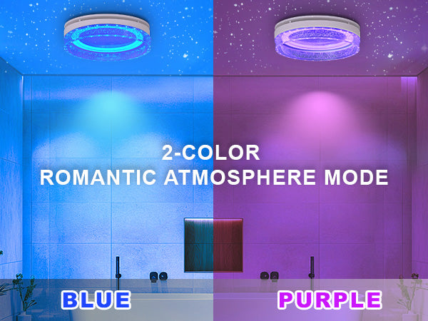 Ceiling light fixture with blue and purple lighting modes in a bathroom setting.