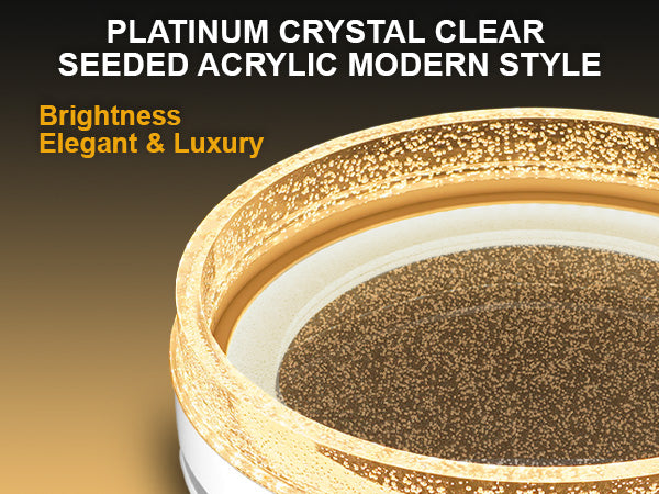 Seeded acrylic modern style product with gold rim and text highlighting features.