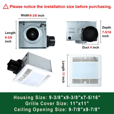 Ventilation fan with dimensions and installation size information displayed.