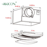Technical drawing of a ceiling exhaust fan with dimensions labeled, featuring the brand 'Akicon'.