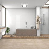 Modern bathroom with a bathtub, shower, and wooden floor.